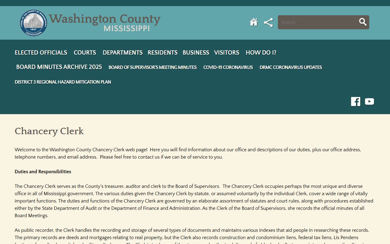Washington County Chancery Clerk page showing land records and Chancery Court duties