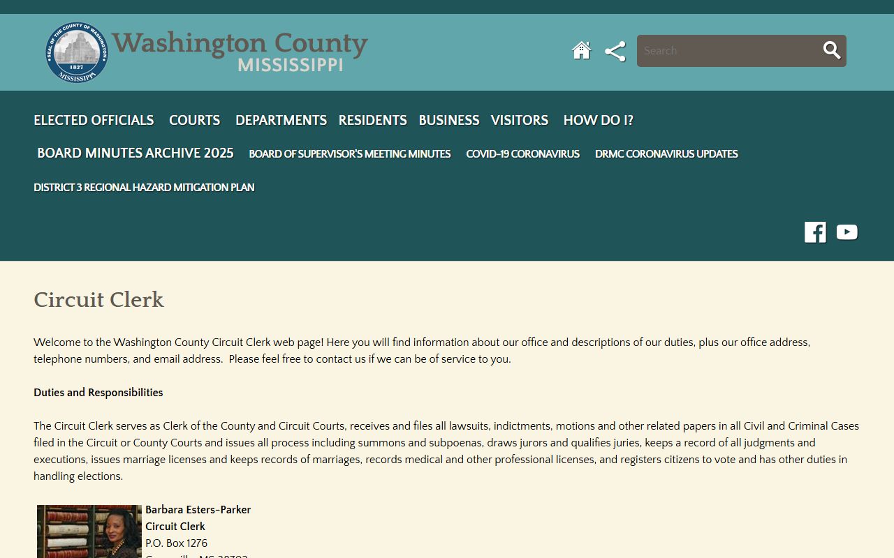 Washington County Circuit Clerk page listing court records and marriage license duties