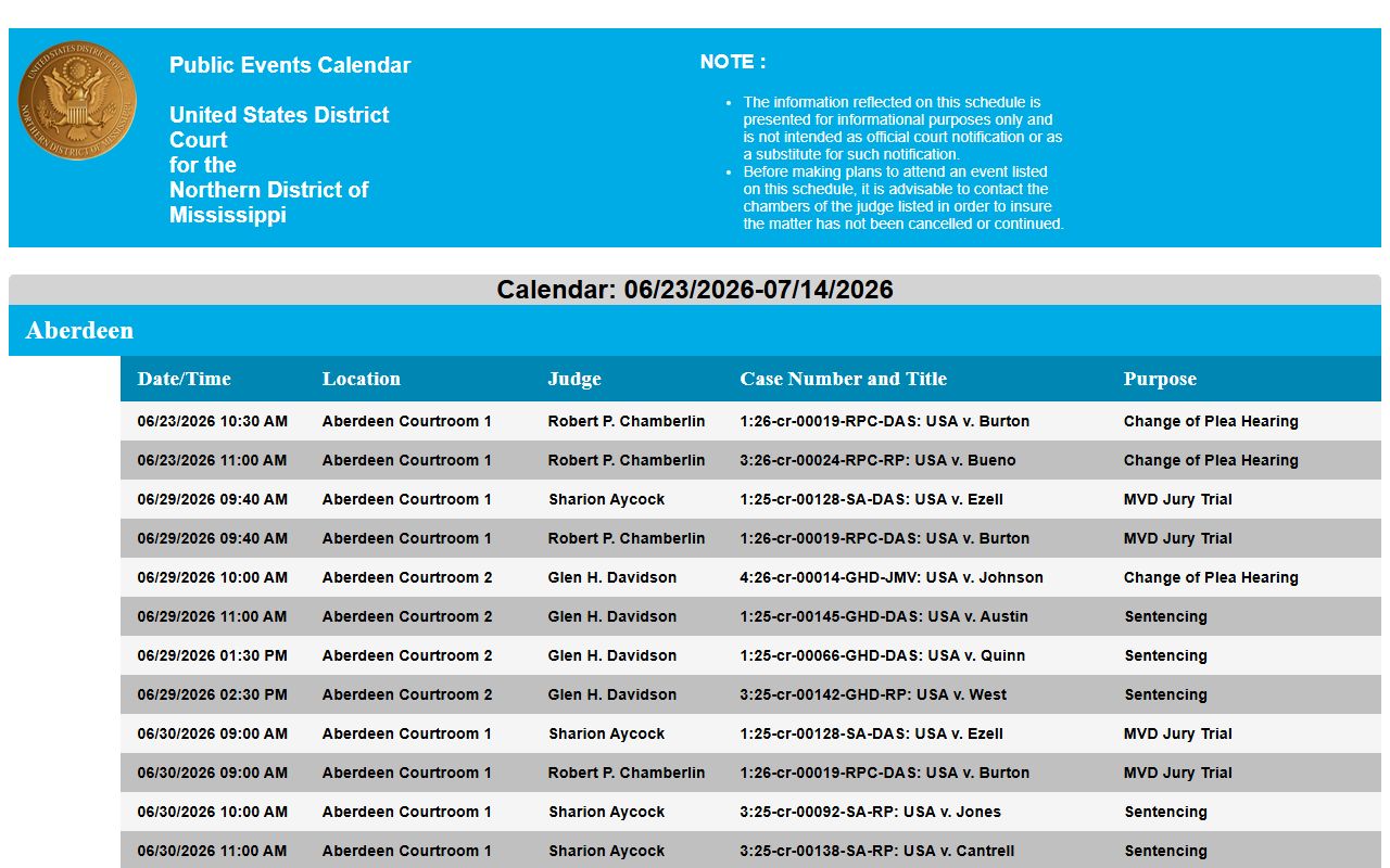 Washington County federal court dockets on the Northern District of Mississippi Greenville calendar
