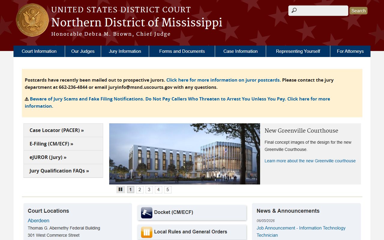 Washington County court dockets and federal case calendar for the Northern District of Mississippi