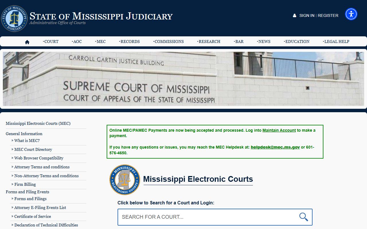 Mississippi Electronic Courts portal used for Washington County court records