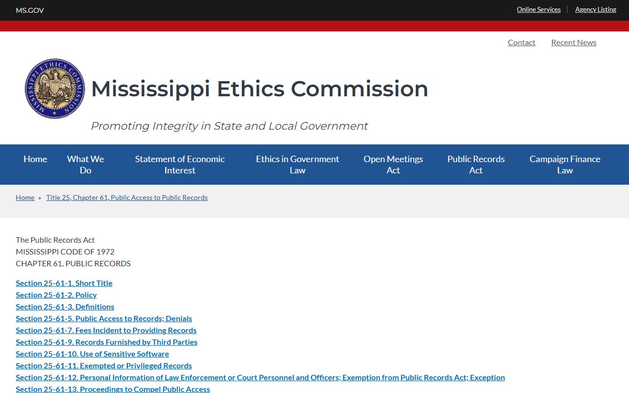 Mississippi Public Records Act page that governs Washington County court records access