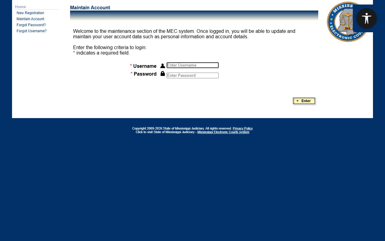 PAMEC online registration page for Washington County court records access