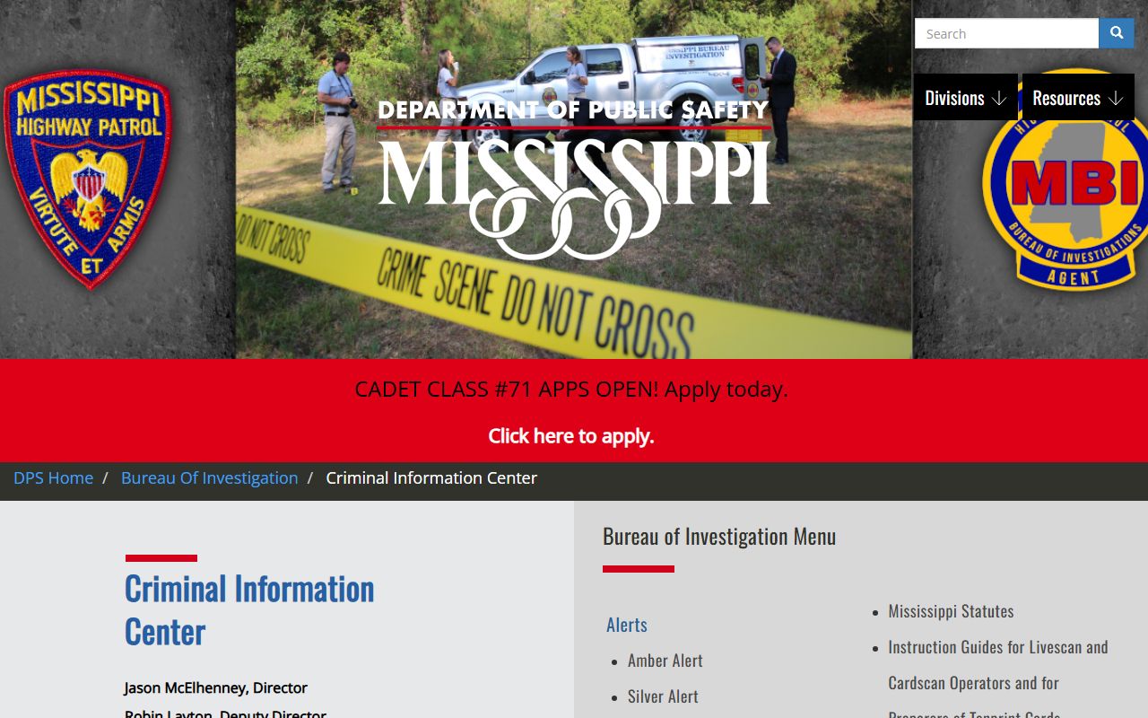Mississippi DPS Criminal Information Center page for Washington County criminal court records
