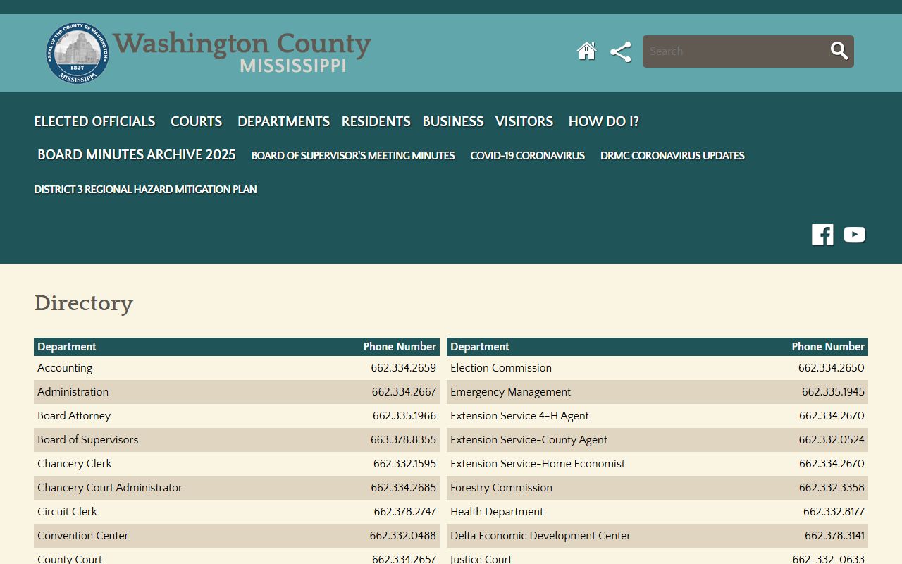 Washington County directory with court and clerk phone contacts