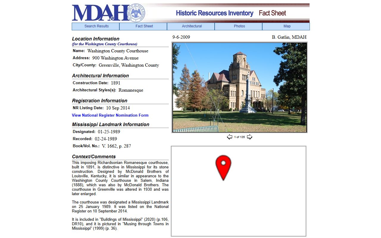 MDAH property record for the Washington County Courthouse
