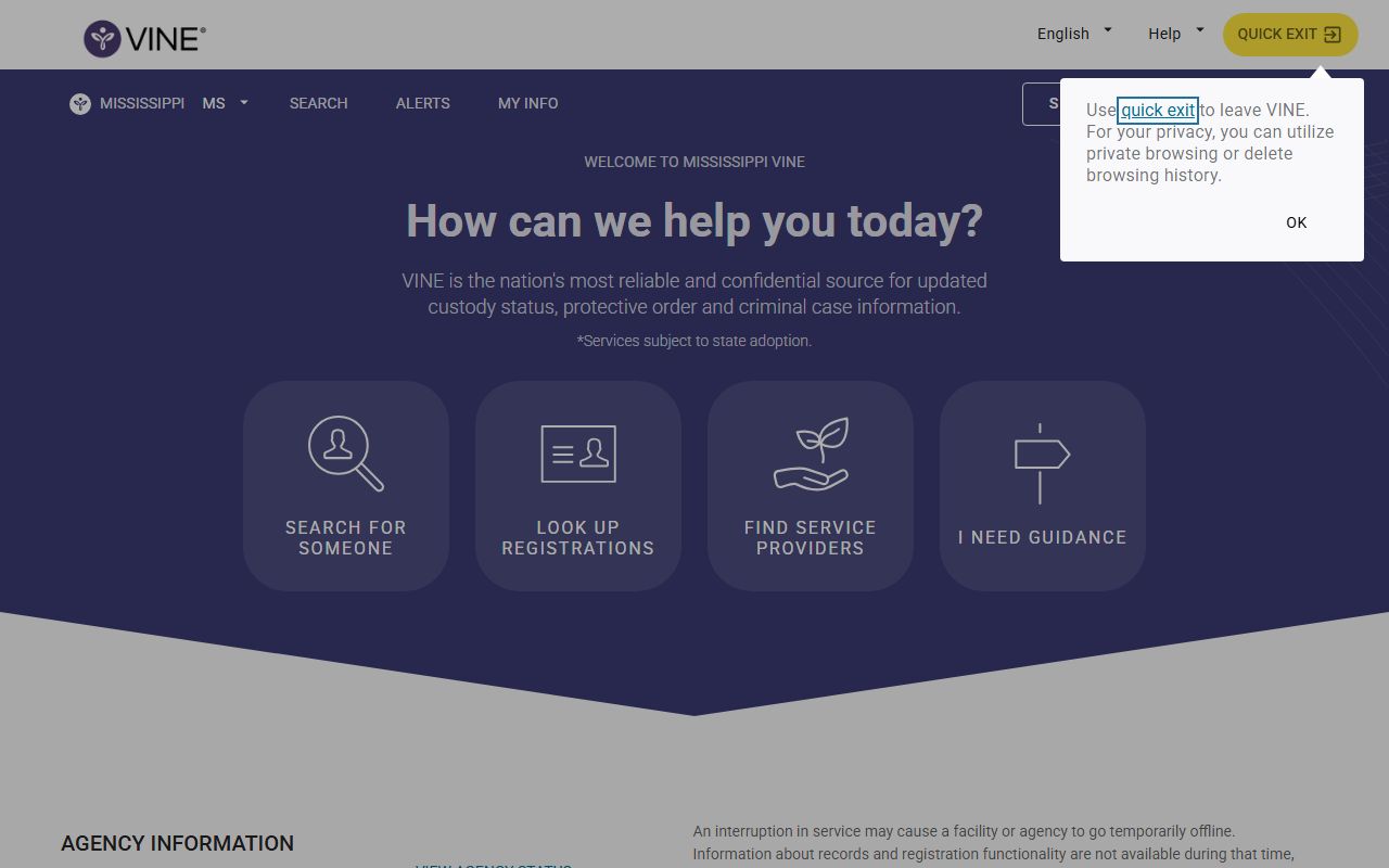 Mississippi VINE custody notification portal for Washington County inmate alerts