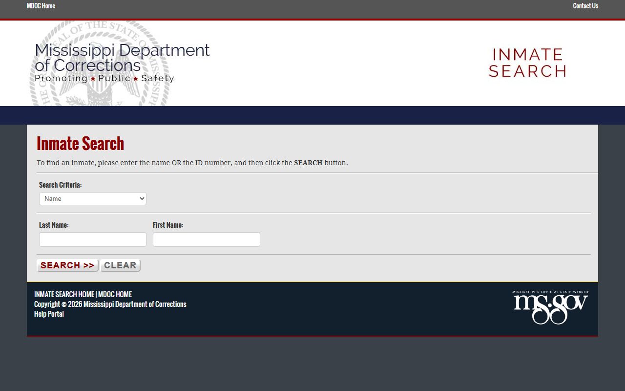 MS.gov MDOC inmate-search interface for Washington County inmate records