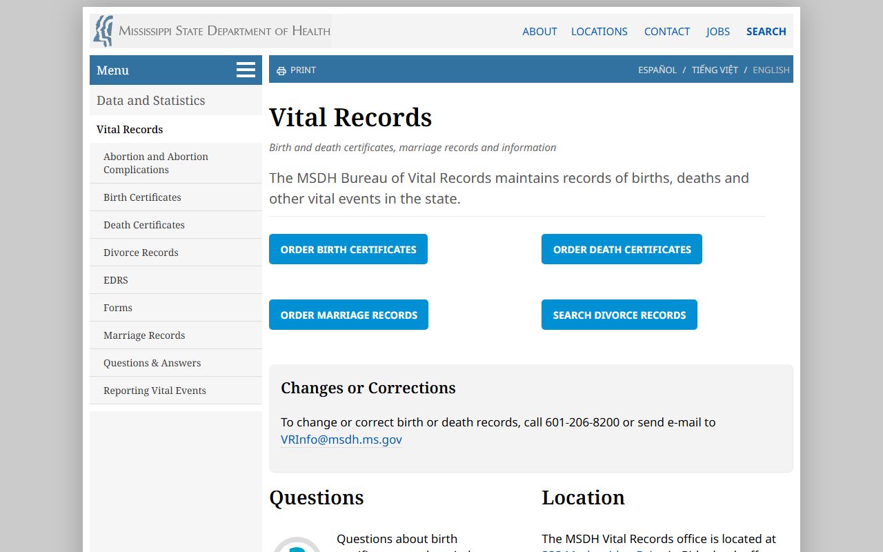 MSDH vital records landing page for Washington County marriage records