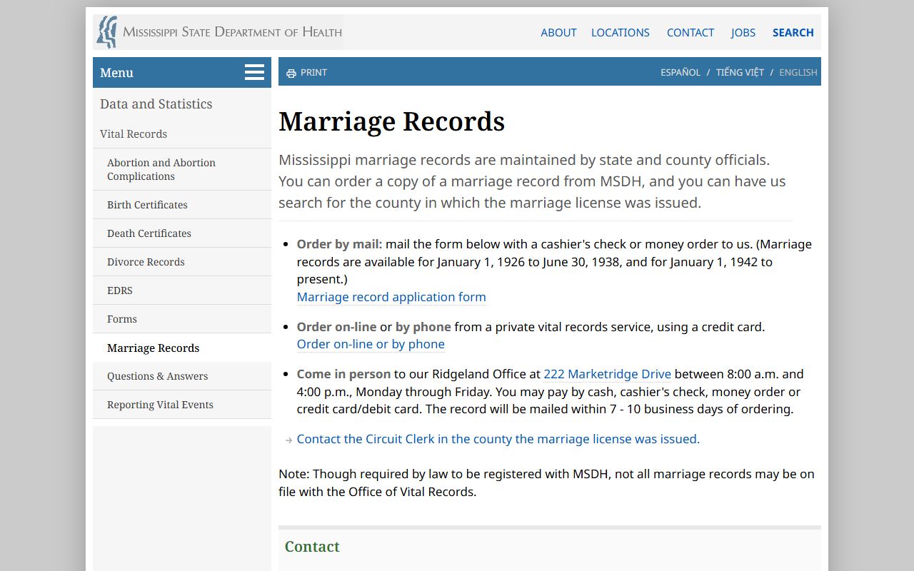 MSDH marriage records page covering Washington County certified copies