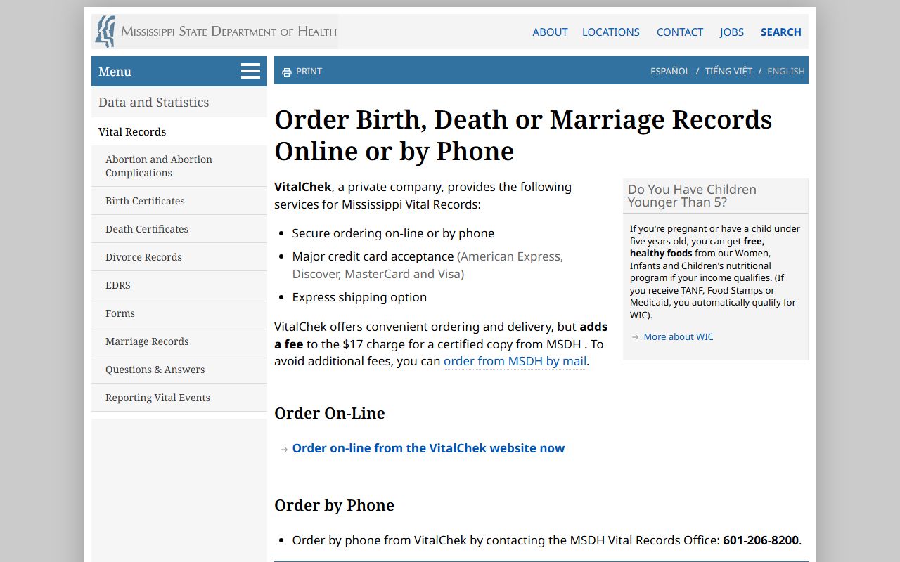 MSDH online and phone ordering page for Washington County vital records