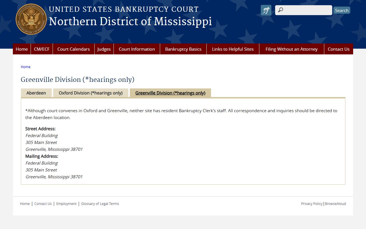 Greenville Division bankruptcy hearings page, distinct from Washington County probate records