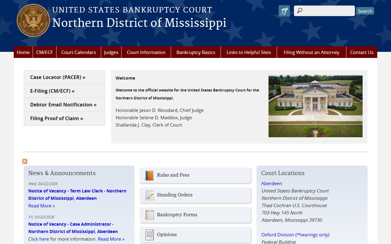 U.S. Bankruptcy Court Northern District of Mississippi site, separate from Washington County probate records