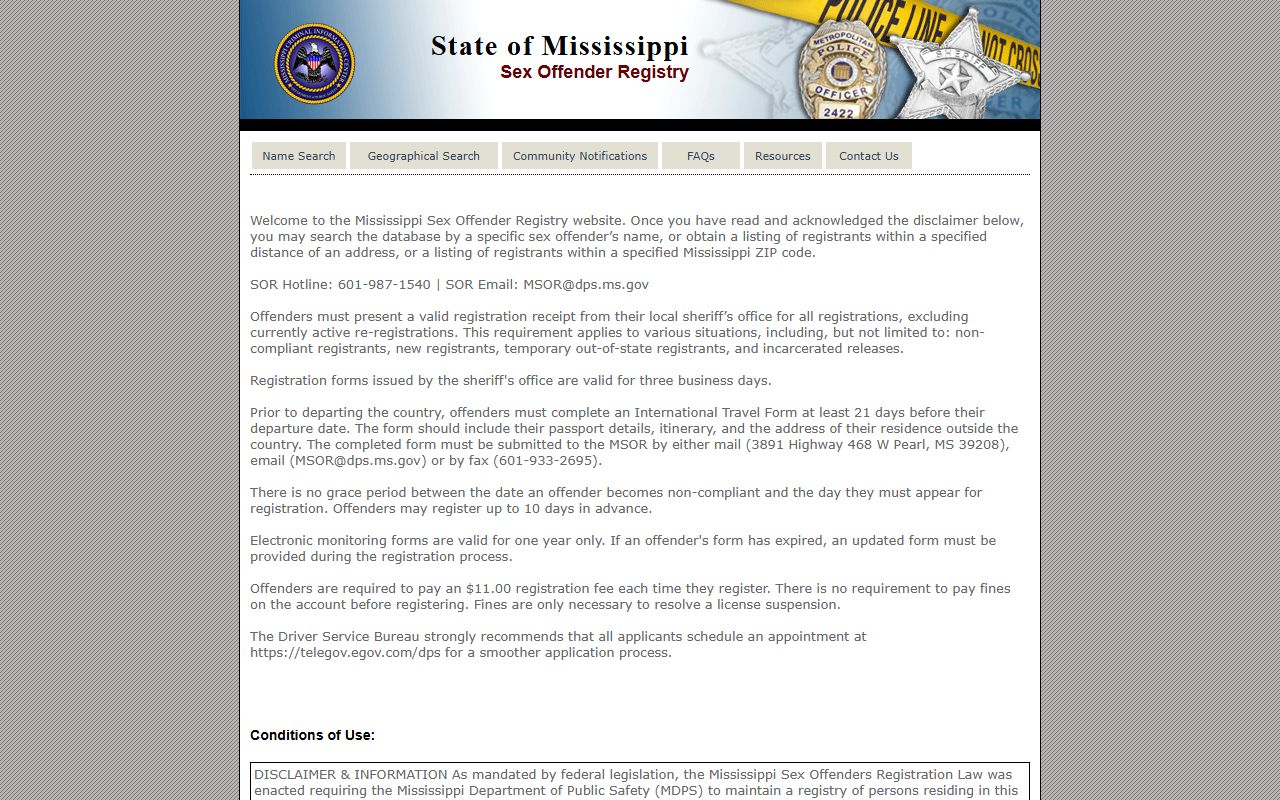Mississippi sex offender registry used for Washington County warrant and background lookups
